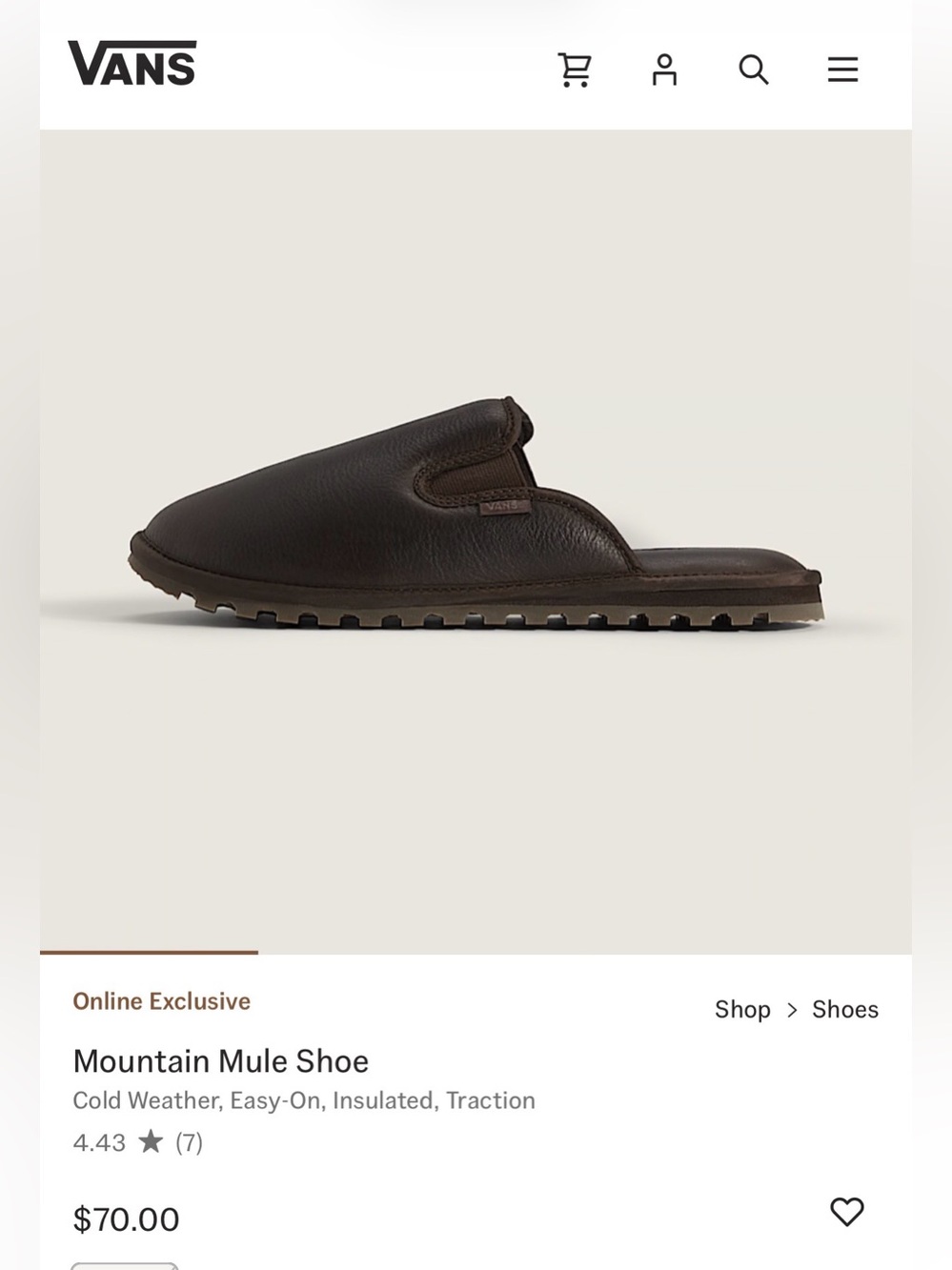 Vans Mountain Mule Leather mens 8 woman 9.5 unisex